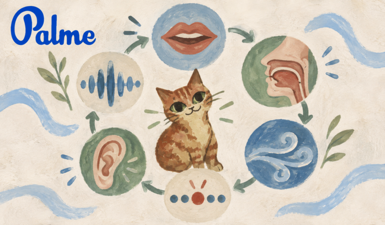 A cat surrounded by visual symbols for sound, articulation and listening during Russian pronunciation practice