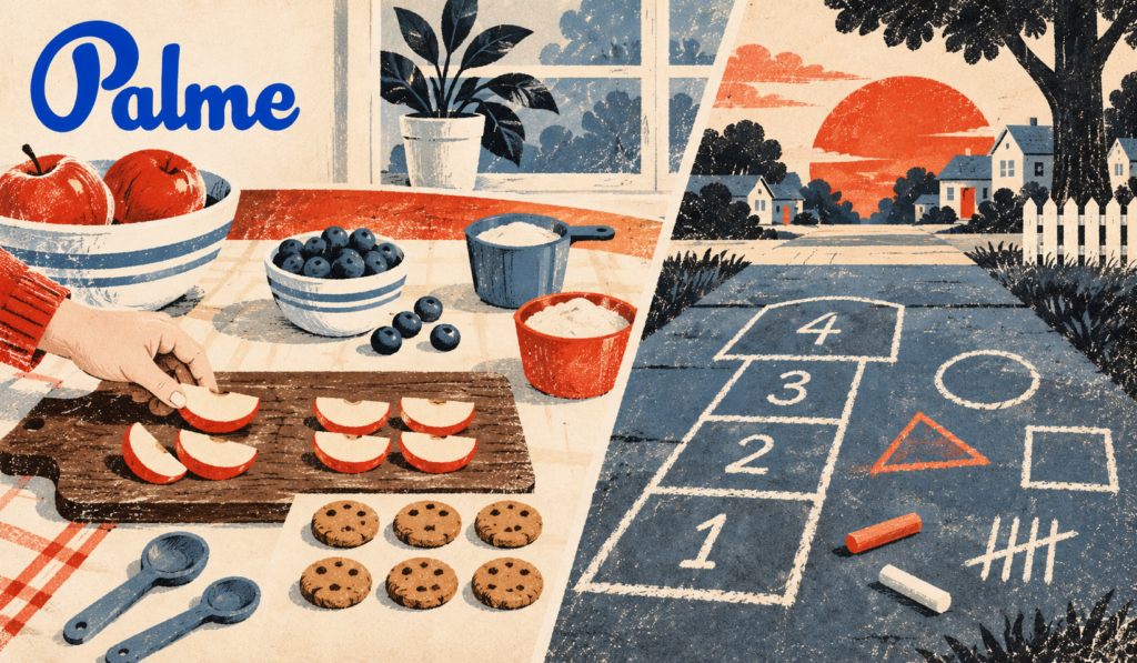 Kitchen and sidewalk math activities illustrated with apples, measuring cups, cookies, hopscotch numbers and chalk shapes