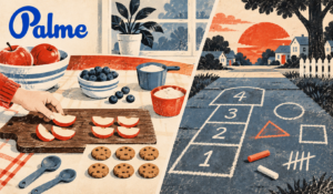Kitchen and sidewalk math activities illustrated with apples, measuring cups, cookies, hopscotch numbers and chalk shapes