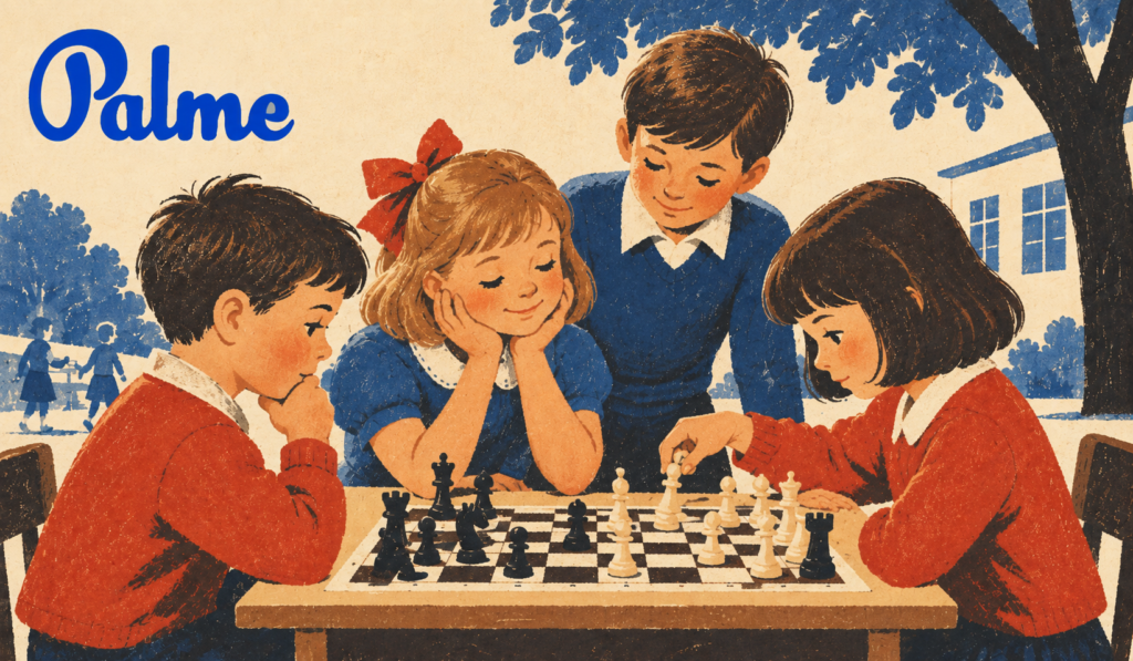 Children gathered around a chessboard outdoors, concentrating on their next moves in a calm vintage-style scene