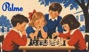 Children gathered around a chessboard outdoors, concentrating on their next moves in a calm vintage-style scene