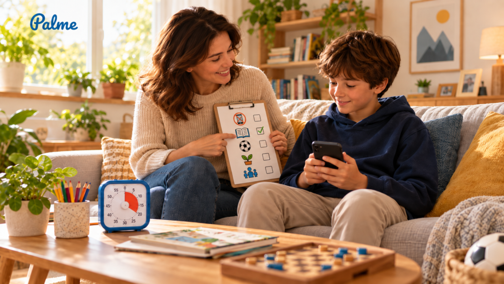 Parent and child building healthy digital habits together with a screen time routine checklist at home