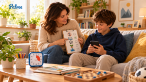 Parent and child building healthy digital habits together with a screen time routine checklist at home