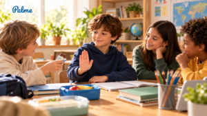 A child confidently saying no to peer pressure during a group activity