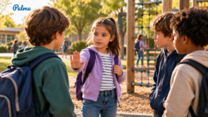 A child standing up for themselves on a playground while other children listen