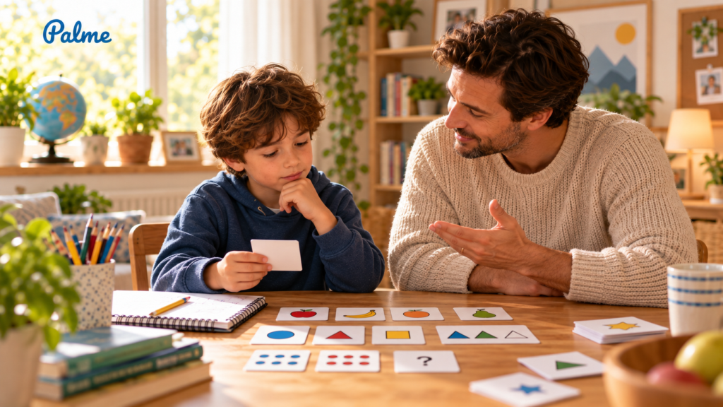 A child solving a logic challenge with a parent to develop critical thinking skills
