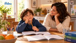 A child procrastinating over homework while a parent waits patiently beside them at the kitchen table