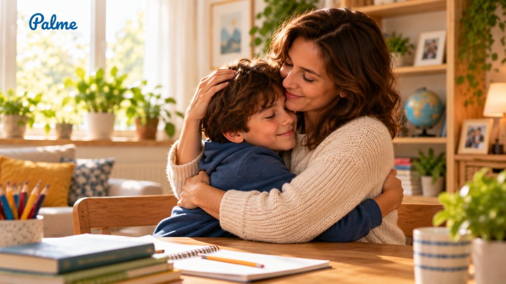 A parent and child hugging warmly at home after a calm learning moment