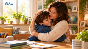 A parent and child hugging warmly at home after a calm learning moment