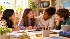 A Russian-speaking child making friends with classmates in a warm and supportive learning environment in the US