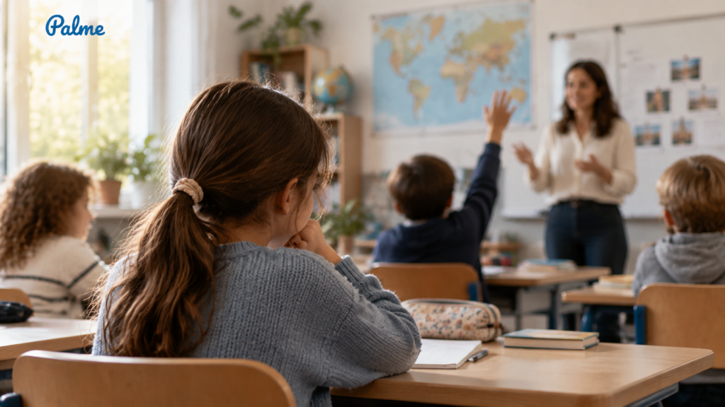 A shy child sitting in a classroom and building confidence to speak up during a lesson
