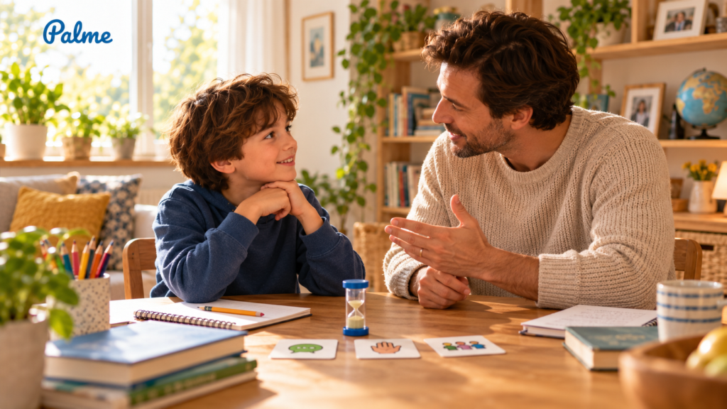 Parent and child practicing active listening and communication skills together at home