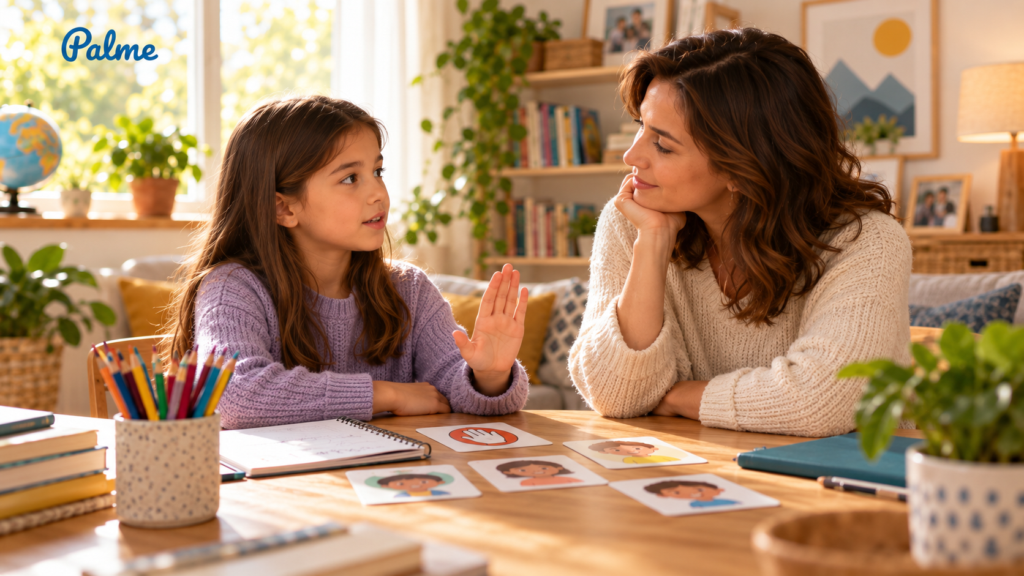Parent and child learning about personal boundaries through a calm conversation at home