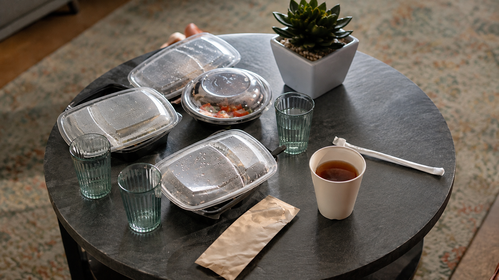A tipped plastic cup and a spill on a kitchen table with a chair pushed back