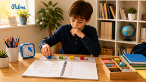 A boy sits at a desk, focused on a school task while planning and organizing the steps needed to complete it.