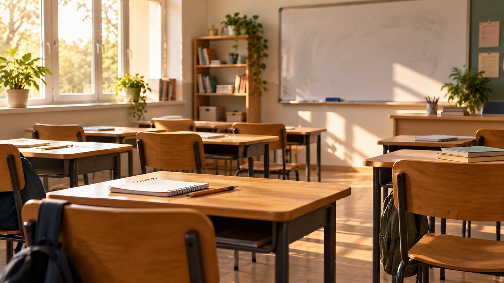An empty classroom after hours with chairs and a partly erased board