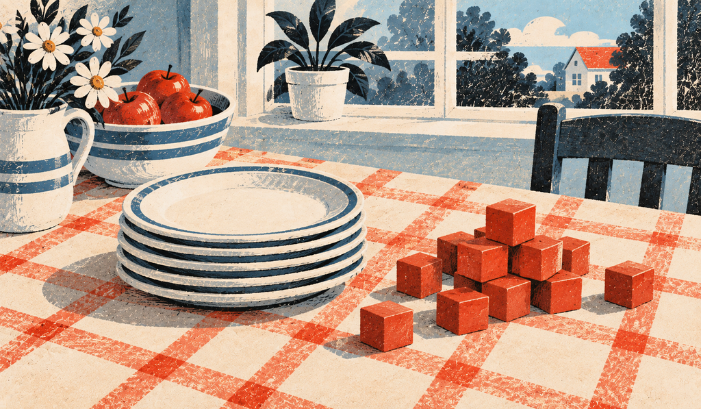 A stack of plates beside a handful of identical wooden blocks