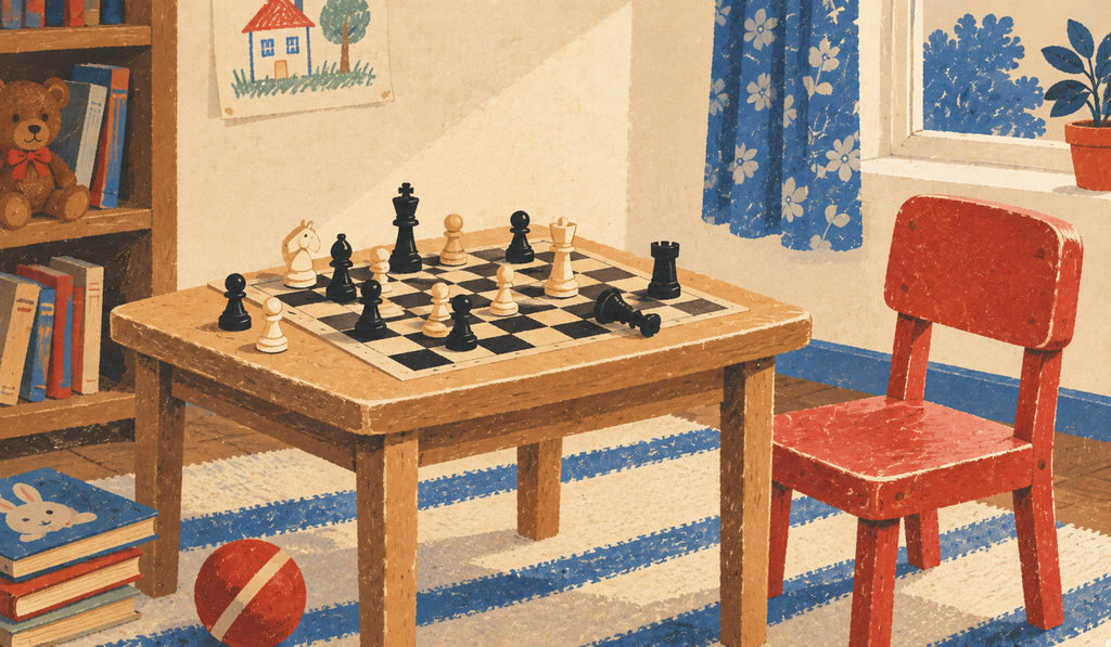A chess board on a low table with pieces set up incorrectly