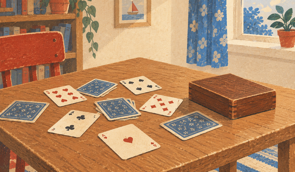 Playing cards scattered on a table beside a closed wooden box