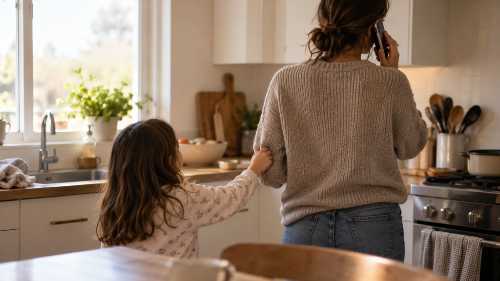 A child tugging at an adult's sleeve while the adult is on the phone