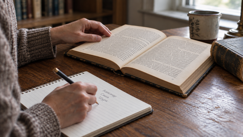 Человек записывает русские имена в блокнот рядом с раскрытой книгой.