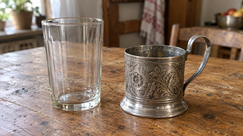 The cup and saucer are shown separately to show how the metal frame with a handle is assembled.