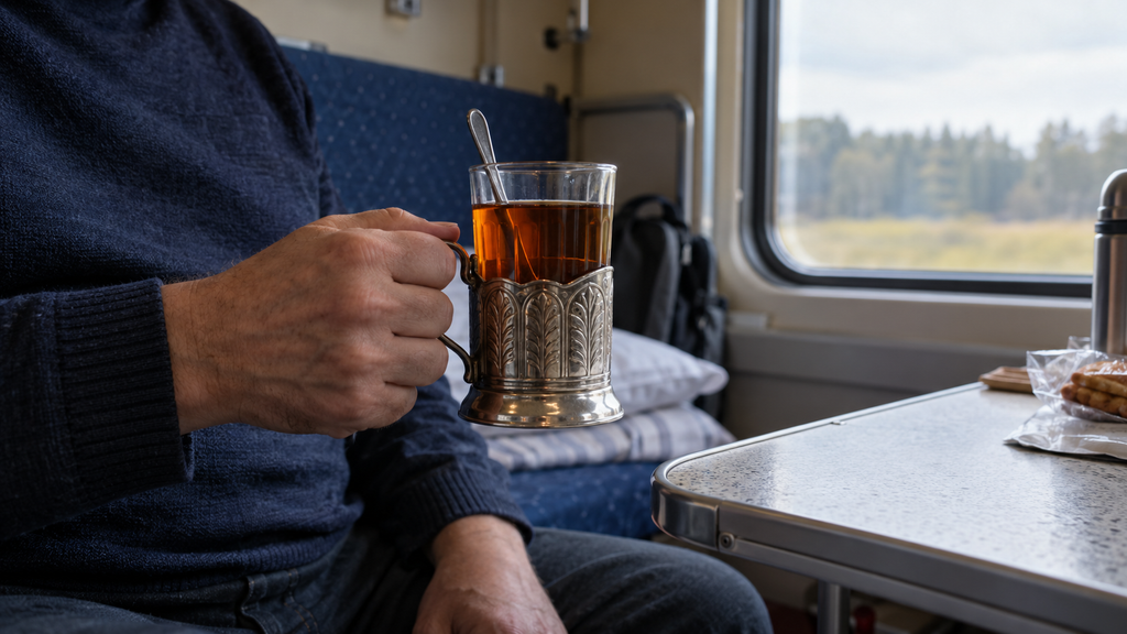 The passenger holds a cup of tea in a metal coaster in the modern cabin.