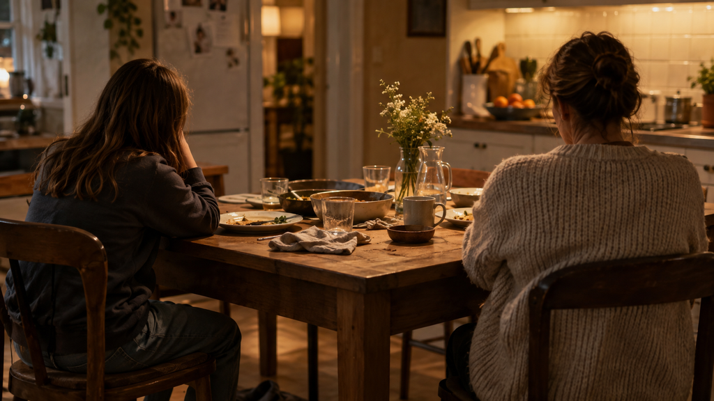 Two people sitting across a kitchen table with a conversation on pause