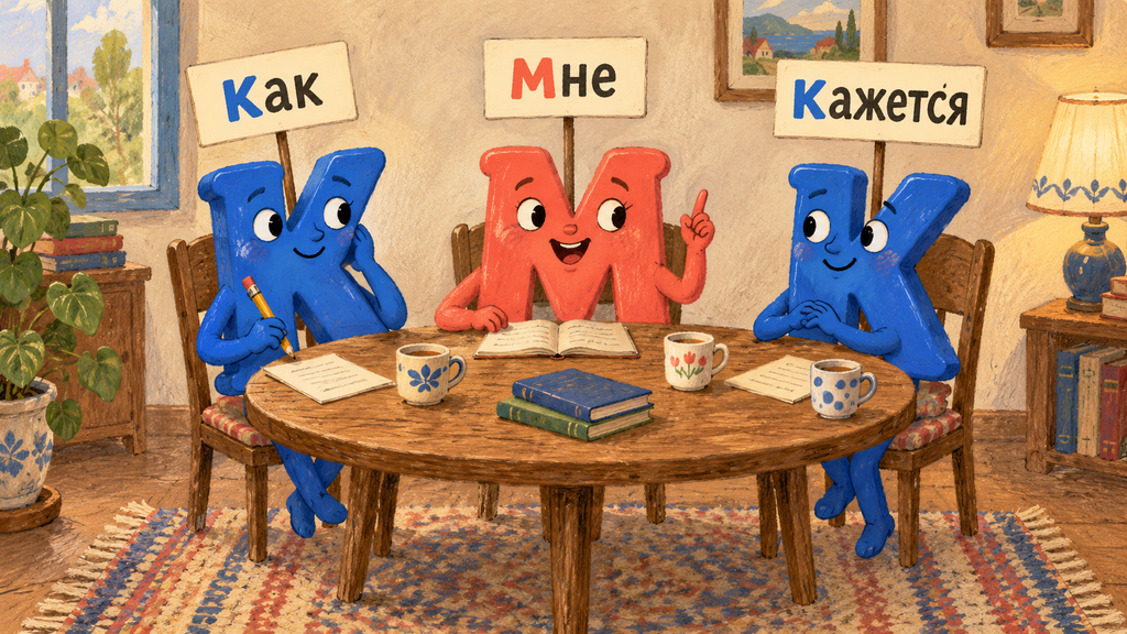 Первые буквы слов «как», «мне» и «кажется» собрались за столом, чтобы высказать свое мнение.