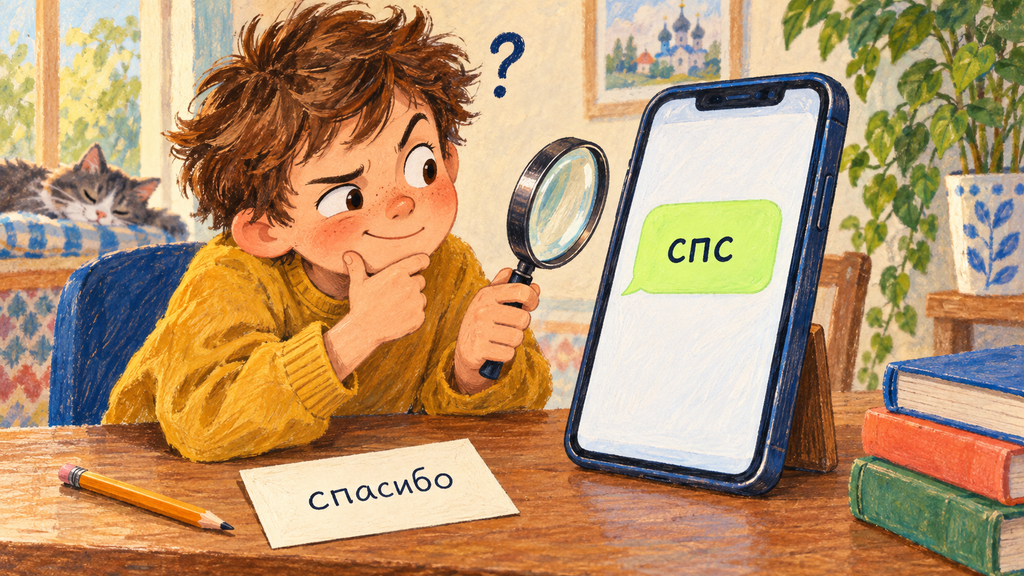 Маленький детектив пытается разгадать «спс», хотя полное слово «спасибо» ему знакомо.