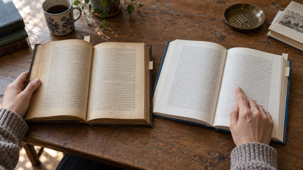 Читатель сравнивает страницы двух книг, иллюстрация к разговору о разных редакциях романа.