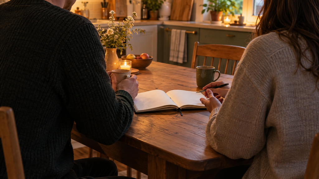 Two people sitting across a kitchen table with a notebook between them