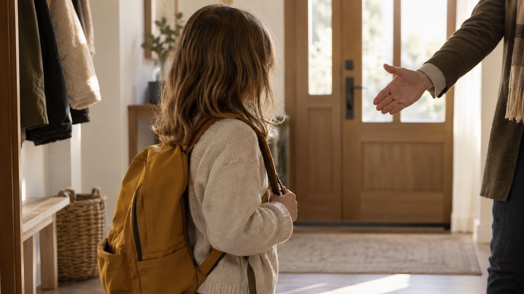 A child standing sideways by a front door as an adult reaches toward them