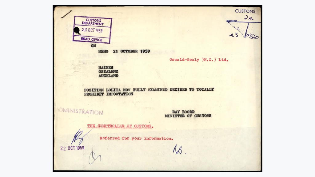 Телеграмма о запрете ввоза «Лолиты» в Новую Зеландию, 1959 год.