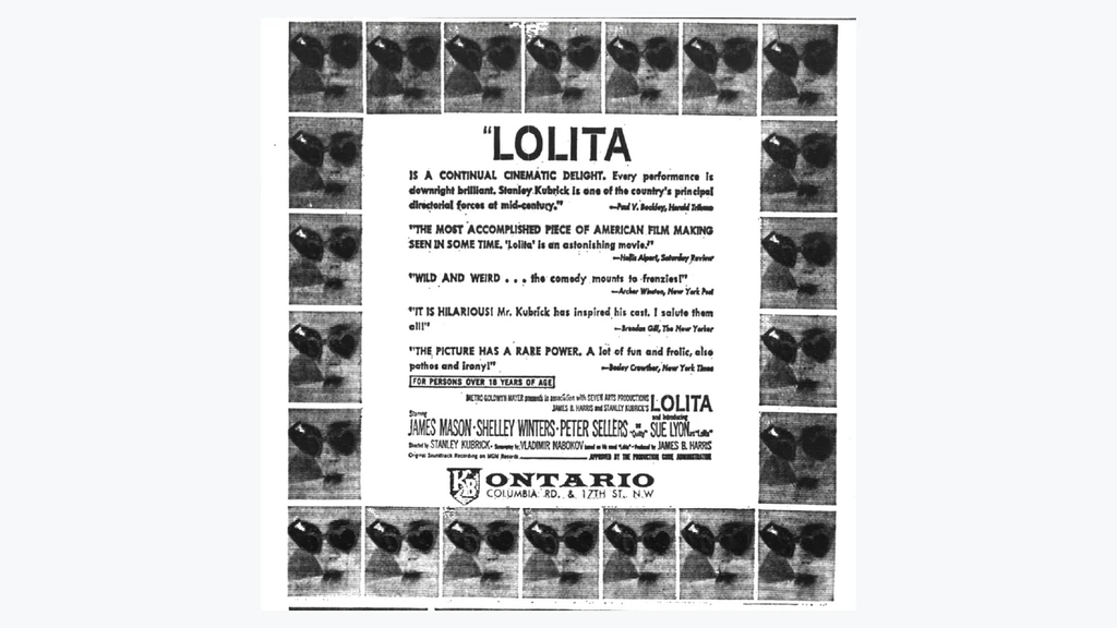 Реклама фильма «Лолита» в газете Evening Star, 6 июля 1962 года: портрет героини в очках-сердечках обрамляет отзывы критиков.