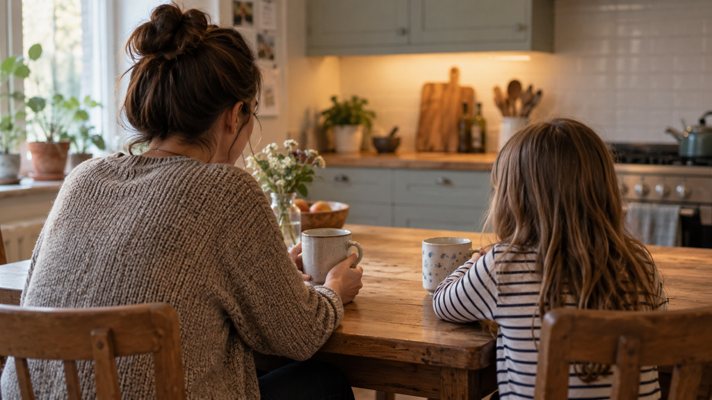 An adult and a child sitting across a kitchen table with mugs between them
