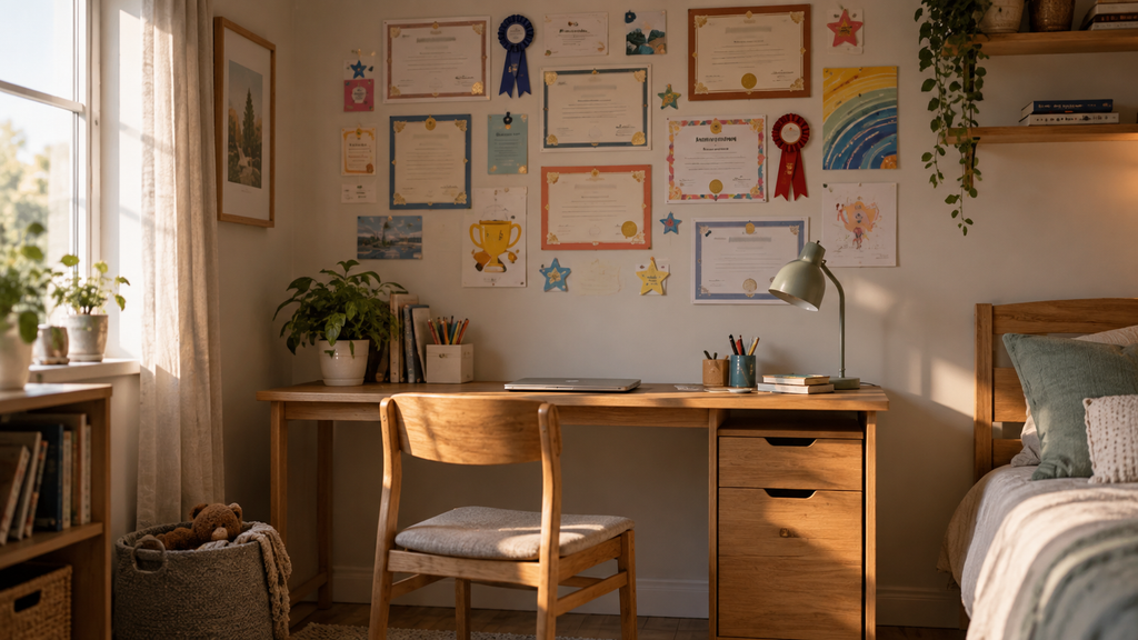A child's room wall covered in certificates and stickers above an empty desk