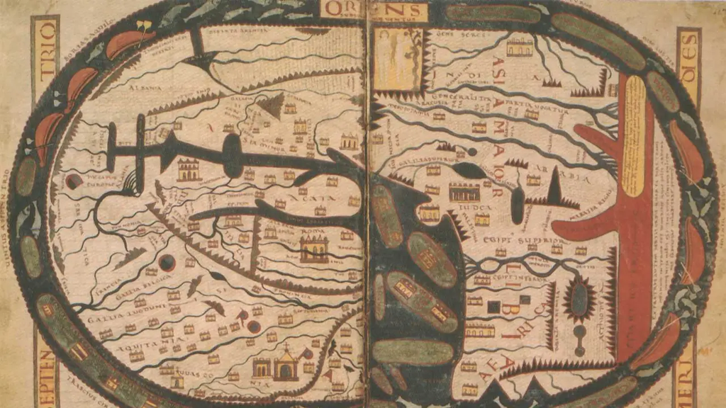 A fragment of the world map from the XI-century manuscript of Saint Severus. At the top, the inscription Oriens, «the east,» remains.