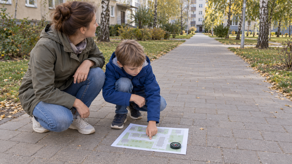 The child points to a place on the map of the neighborhood; the adult checks it against the surrounding houses and the sidewalk. The compass is on the printout.