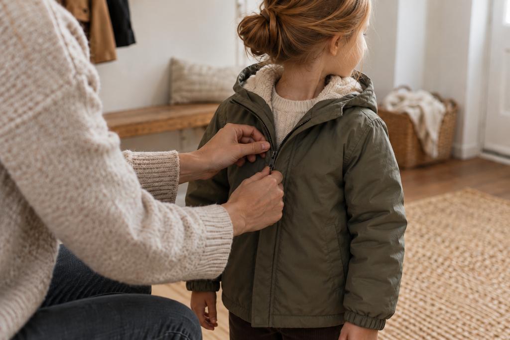 An adult's hands fastening a child's coat while the child looks away