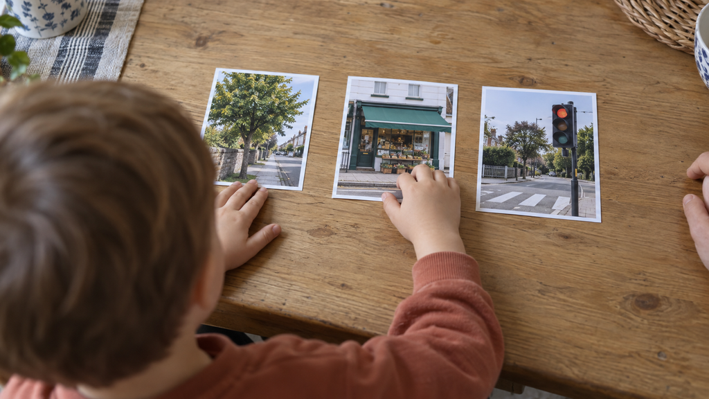 Ребёнок раскладывает фотографии знакомых мест в порядке маршрута.