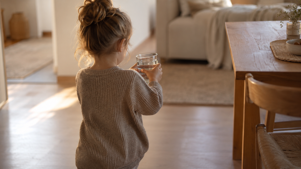 A child carrying a full glass across a room with both hands