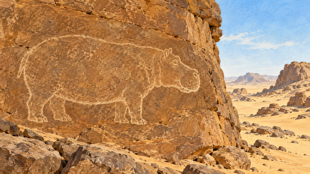 Illustrative image: a contour of a hippopotamus on a rock in a dry desert landscape. This is a stylized image, not a photograph of the actual Tassil-Ajera monument.