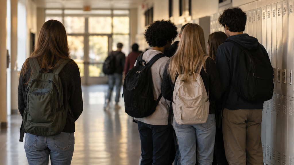 A school corridor with a group of teenagers by lockers and one standing apart