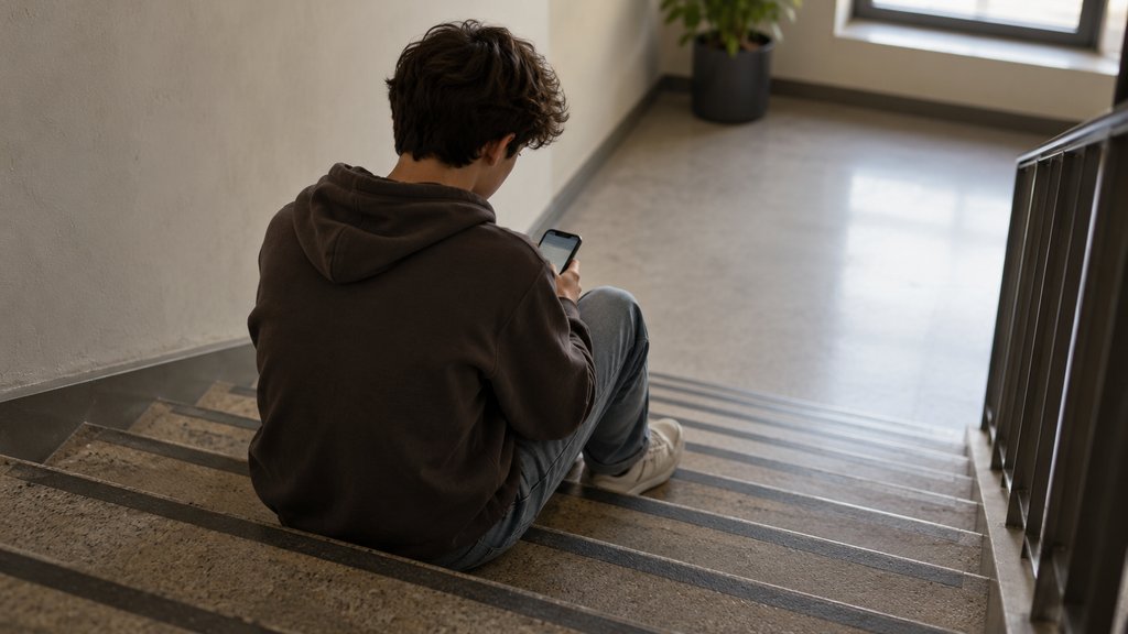 A teenager sitting alone on steps with a phone