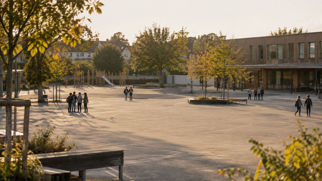 A school yard seen from a distance with groups of children and space between them