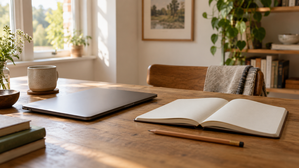 A closed laptop on a table beside an open notebook and a pencil