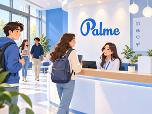 Students at the reception desk of Palme School in a bright modern learning center