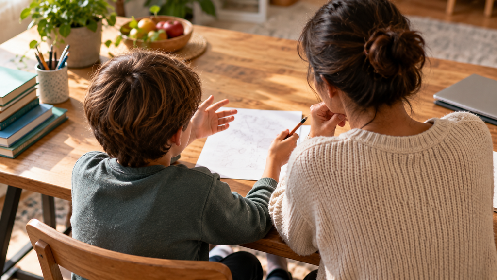 A child and an adult at a table with a sheet of paper between them