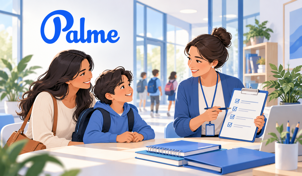 Mother and child speaking with a Palme School staff member about school enrollment
